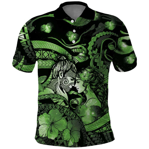 Personalised Maori Romantic Valentine Polo Shirt The Hongi Kiss Green Galaxy