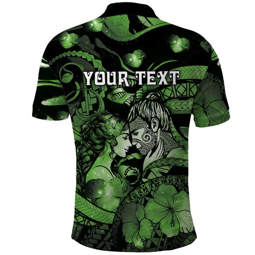 Personalised Maori Romantic Valentine Polo Shirt The Hongi Kiss Green Galaxy