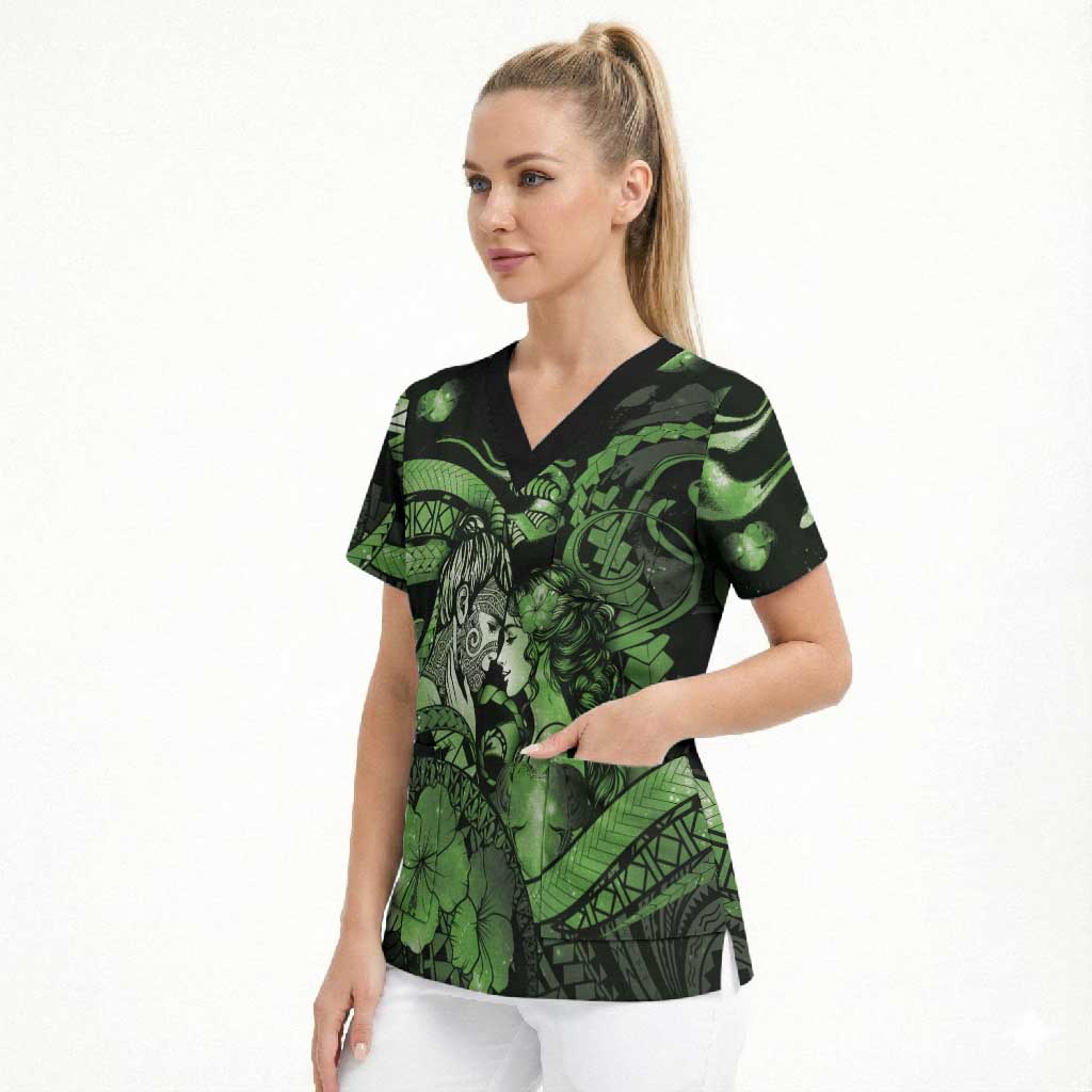 Personalised Maori Romantic Valentine Scrub Top The Hongi Kiss Green Galaxy