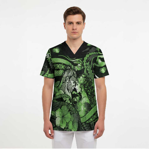Personalised Maori Romantic Valentine Scrub Top The Hongi Kiss Green Galaxy