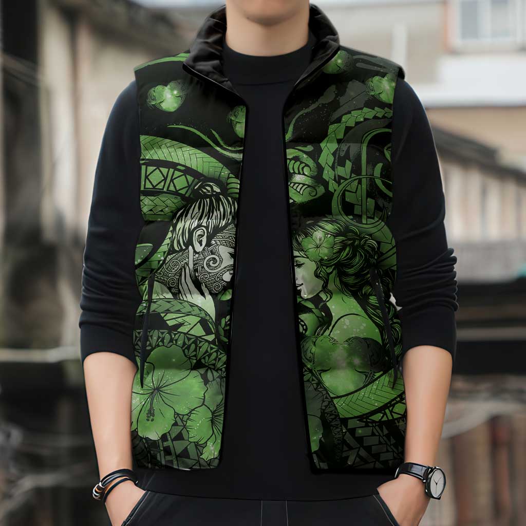 Personalised Maori Romantic Valentine Sleeveless Puffer Jacket The Hongi Kiss Green Galaxy