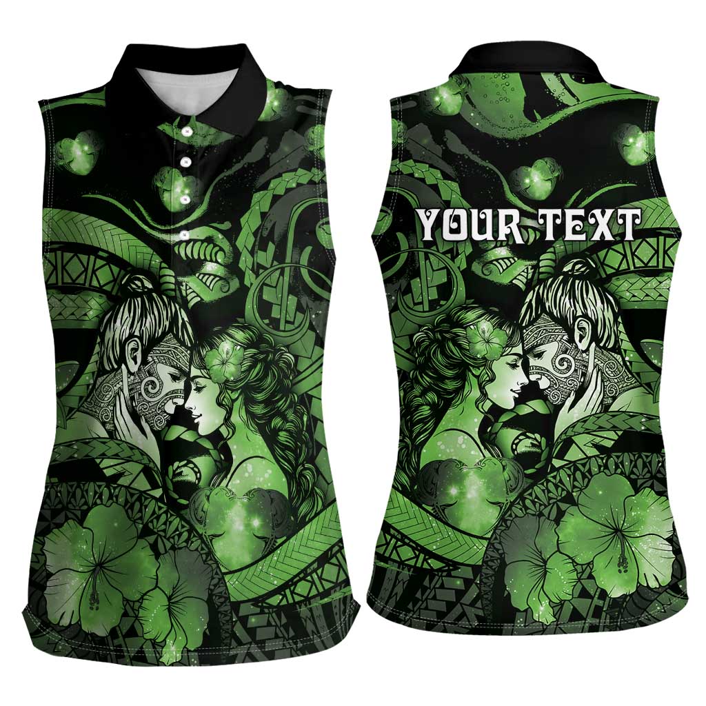 Personalised Maori Romantic Valentine Women Sleeveless Polo Shirt The Hongi Kiss Green Galaxy