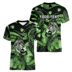 Personalised Maori Romantic Valentine Women V-Neck T-Shirt The Hongi Kiss Green Galaxy