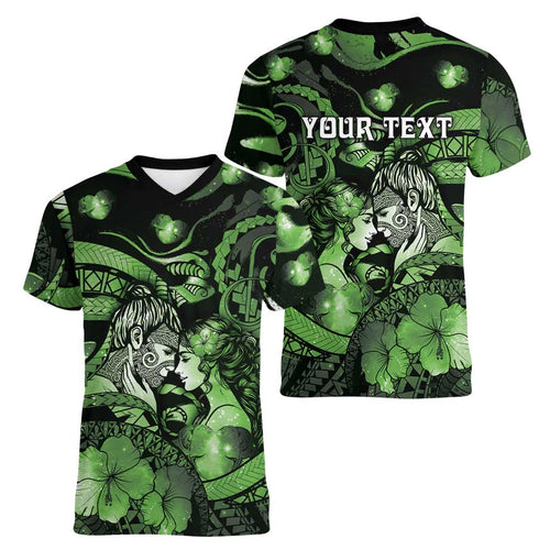 Personalised Maori Romantic Valentine Women V-Neck T-Shirt The Hongi Kiss Green Galaxy