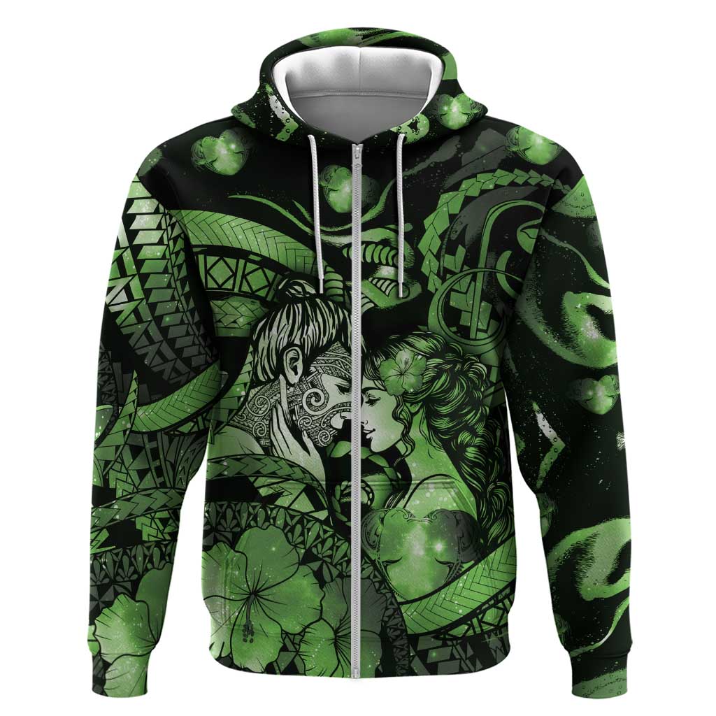Personalised Maori Romantic Valentine Zip Hoodie The Hongi Kiss Green Galaxy