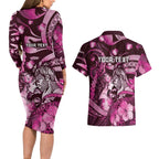 Personalised Maori Romantic Valentine Couples Matching Long Sleeve Bodycon Dress and Hawaiian Shirt The Hongi Kiss Pink Galaxy