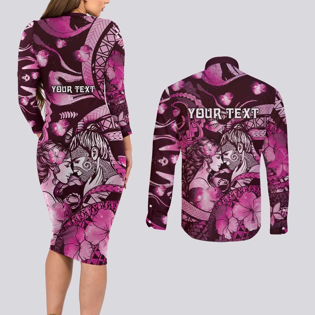 Personalised Maori Romantic Valentine Couples Matching Long Sleeve Bodycon Dress and Long Sleeve Button Shirt The Hongi Kiss Pink Galaxy