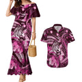 Personalised Maori Romantic Valentine Couples Matching Mermaid Dress and Hawaiian Shirt The Hongi Kiss Pink Galaxy