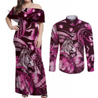 Personalised Maori Romantic Valentine Couples Matching Off Shoulder Maxi Dress and Long Sleeve Button Shirt The Hongi Kiss Pink Galaxy
