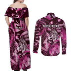 Personalised Maori Romantic Valentine Couples Matching Off Shoulder Maxi Dress and Long Sleeve Button Shirt The Hongi Kiss Pink Galaxy