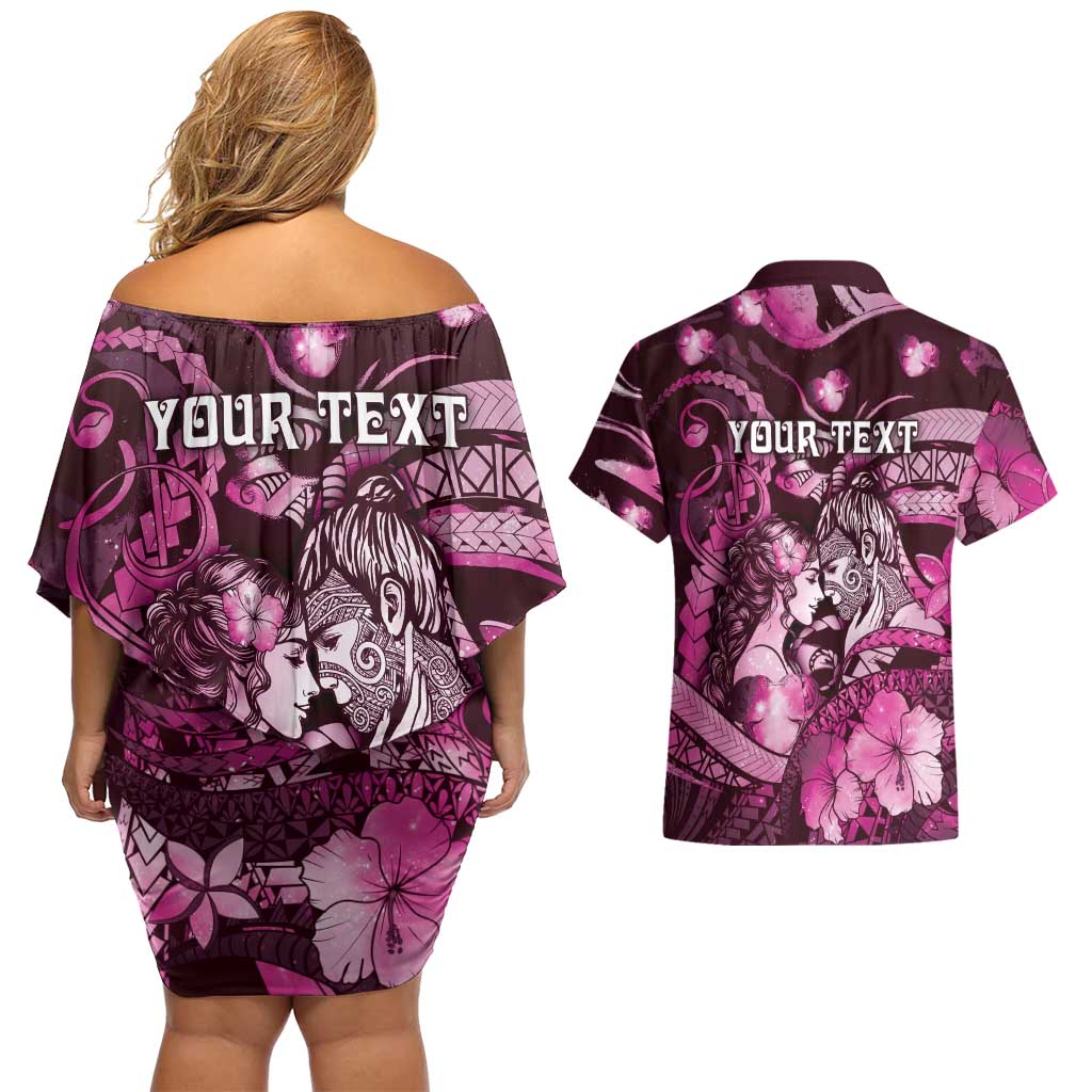 Personalised Maori Romantic Valentine Couples Matching Off Shoulder Short Dress and Hawaiian Shirt The Hongi Kiss Pink Galaxy