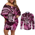Personalised Maori Romantic Valentine Couples Matching Off Shoulder Short Dress and Long Sleeve Button Shirt The Hongi Kiss Pink Galaxy