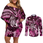 Personalised Maori Romantic Valentine Couples Matching Off Shoulder Short Dress and Long Sleeve Button Shirt The Hongi Kiss Pink Galaxy