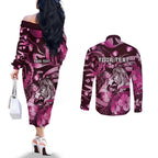 Personalised Maori Romantic Valentine Couples Matching Off The Shoulder Long Sleeve Dress and Long Sleeve Button Shirt The Hongi Kiss Pink Galaxy