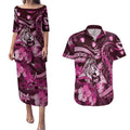 Personalised Maori Romantic Valentine Couples Matching Puletasi and Hawaiian Shirt The Hongi Kiss Pink Galaxy