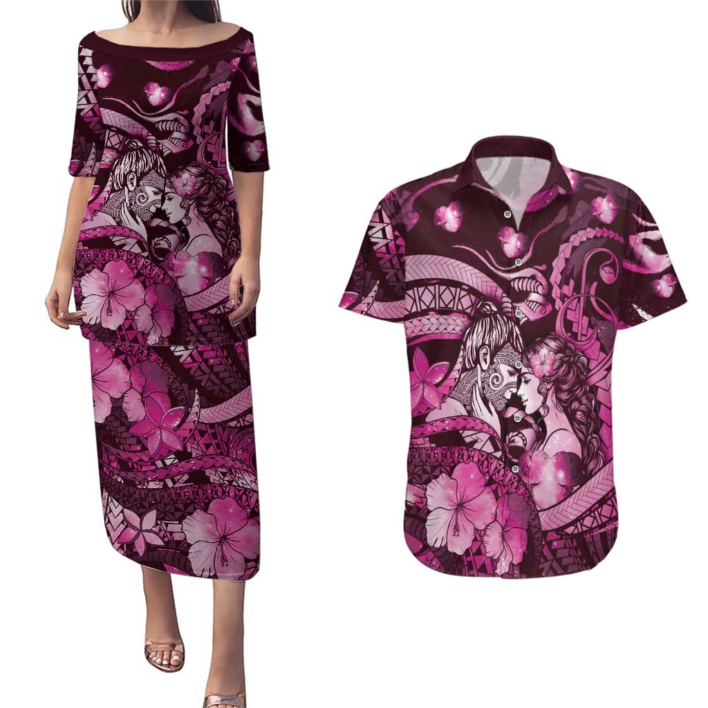 Personalised Maori Romantic Valentine Couples Matching Puletasi and Hawaiian Shirt The Hongi Kiss Pink Galaxy