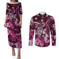 Personalised Maori Romantic Valentine Couples Matching Puletasi and Long Sleeve Button Shirt The Hongi Kiss Pink Galaxy