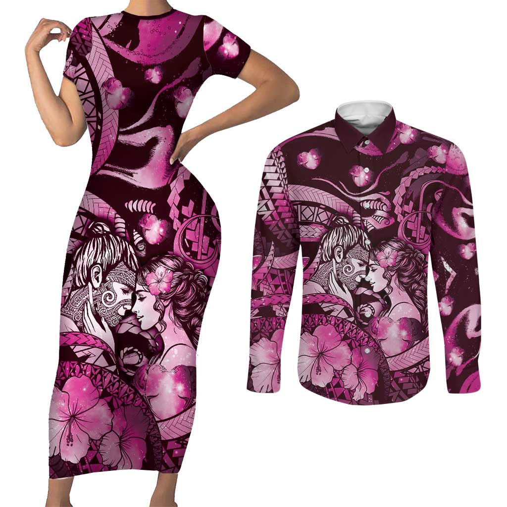 Personalised Maori Romantic Valentine Couples Matching Short Sleeve Bodycon Dress and Long Sleeve Button Shirt The Hongi Kiss Pink Galaxy