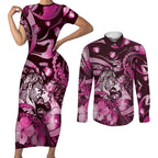 Personalised Maori Romantic Valentine Couples Matching Short Sleeve Bodycon Dress and Long Sleeve Button Shirt The Hongi Kiss Pink Galaxy