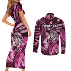 Personalised Maori Romantic Valentine Couples Matching Short Sleeve Bodycon Dress and Long Sleeve Button Shirt The Hongi Kiss Pink Galaxy