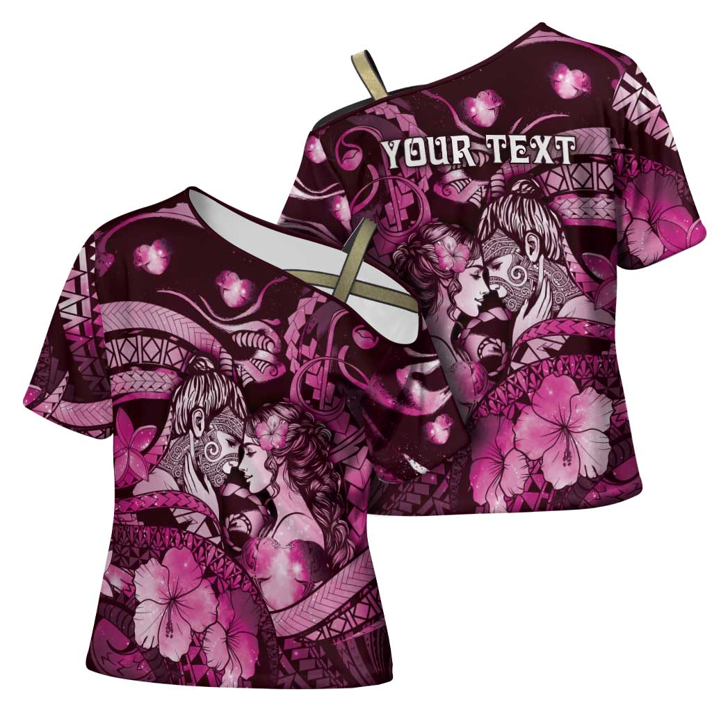 Personalised Maori Romantic Valentine Cross Shoulder Shirt The Hongi Kiss Pink Galaxy