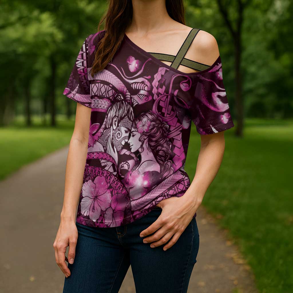 Personalised Maori Romantic Valentine Cross Shoulder Shirt The Hongi Kiss Pink Galaxy