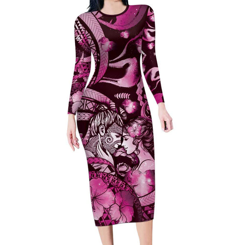 Personalised Maori Romantic Valentine Family Matching Long Sleeve Bodycon Dress and Hawaiian Shirt The Hongi Kiss Pink Galaxy