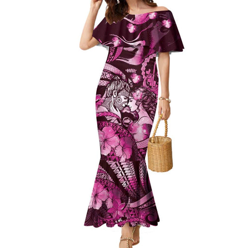 Personalised Maori Romantic Valentine Family Matching Mermaid Dress and Hawaiian Shirt The Hongi Kiss Pink Galaxy
