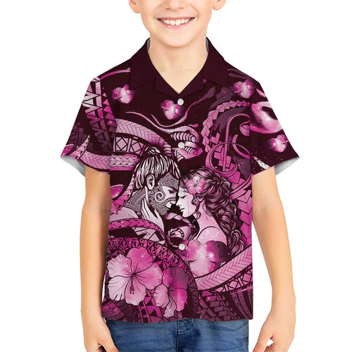 Personalised Maori Romantic Valentine Family Matching Off The Shoulder Long Sleeve Dress and Hawaiian Shirt The Hongi Kiss Pink Galaxy