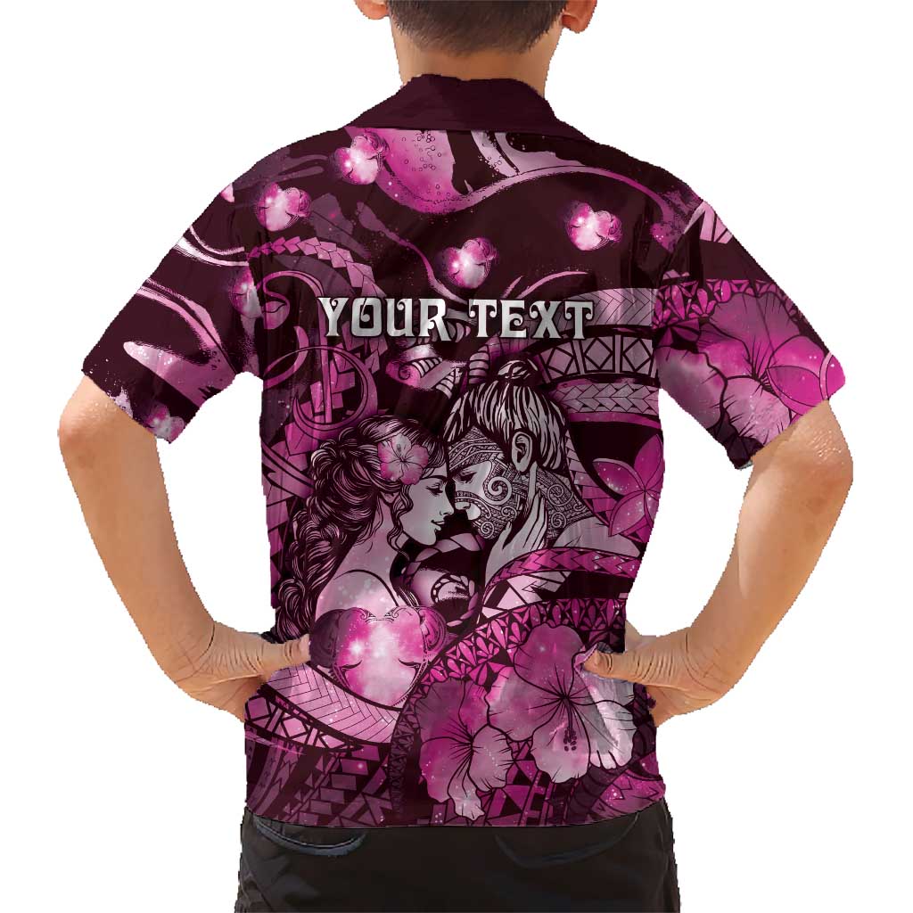 Personalised Maori Romantic Valentine Family Matching Off Shoulder Short Dress and Hawaiian Shirt The Hongi Kiss Pink Galaxy