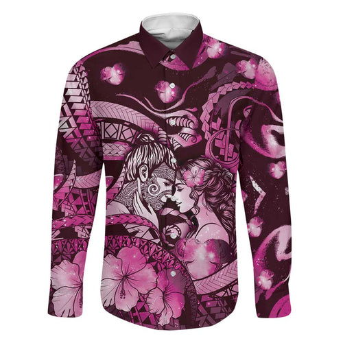 Personalised Maori Romantic Valentine Family Matching Off Shoulder Short Dress and Hawaiian Shirt The Hongi Kiss Pink Galaxy
