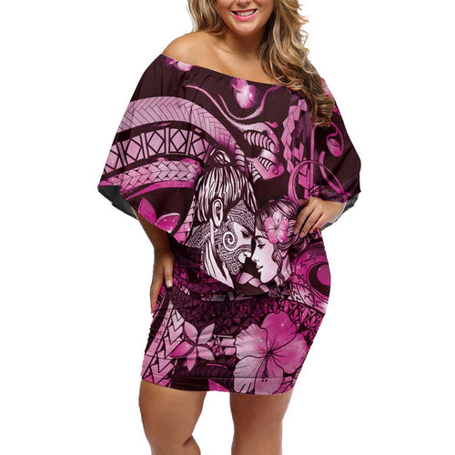 Personalised Maori Romantic Valentine Family Matching Off Shoulder Short Dress and Hawaiian Shirt The Hongi Kiss Pink Galaxy