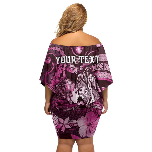 Personalised Maori Romantic Valentine Family Matching Off Shoulder Short Dress and Hawaiian Shirt The Hongi Kiss Pink Galaxy