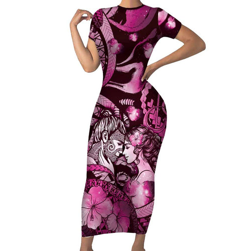 Personalised Maori Romantic Valentine Family Matching Short Sleeve Bodycon Dress and Hawaiian Shirt The Hongi Kiss Pink Galaxy