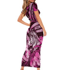 Personalised Maori Romantic Valentine Family Matching Short Sleeve Bodycon Dress and Hawaiian Shirt The Hongi Kiss Pink Galaxy