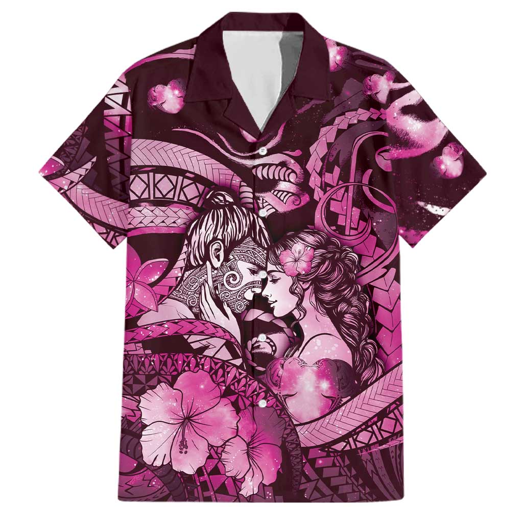 Personalised Maori Romantic Valentine Family Matching Tank Maxi Dress and Hawaiian Shirt The Hongi Kiss Pink Galaxy