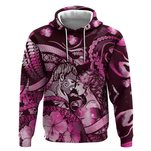 Personalised Maori Romantic Valentine Hoodie The Hongi Kiss Pink Galaxy