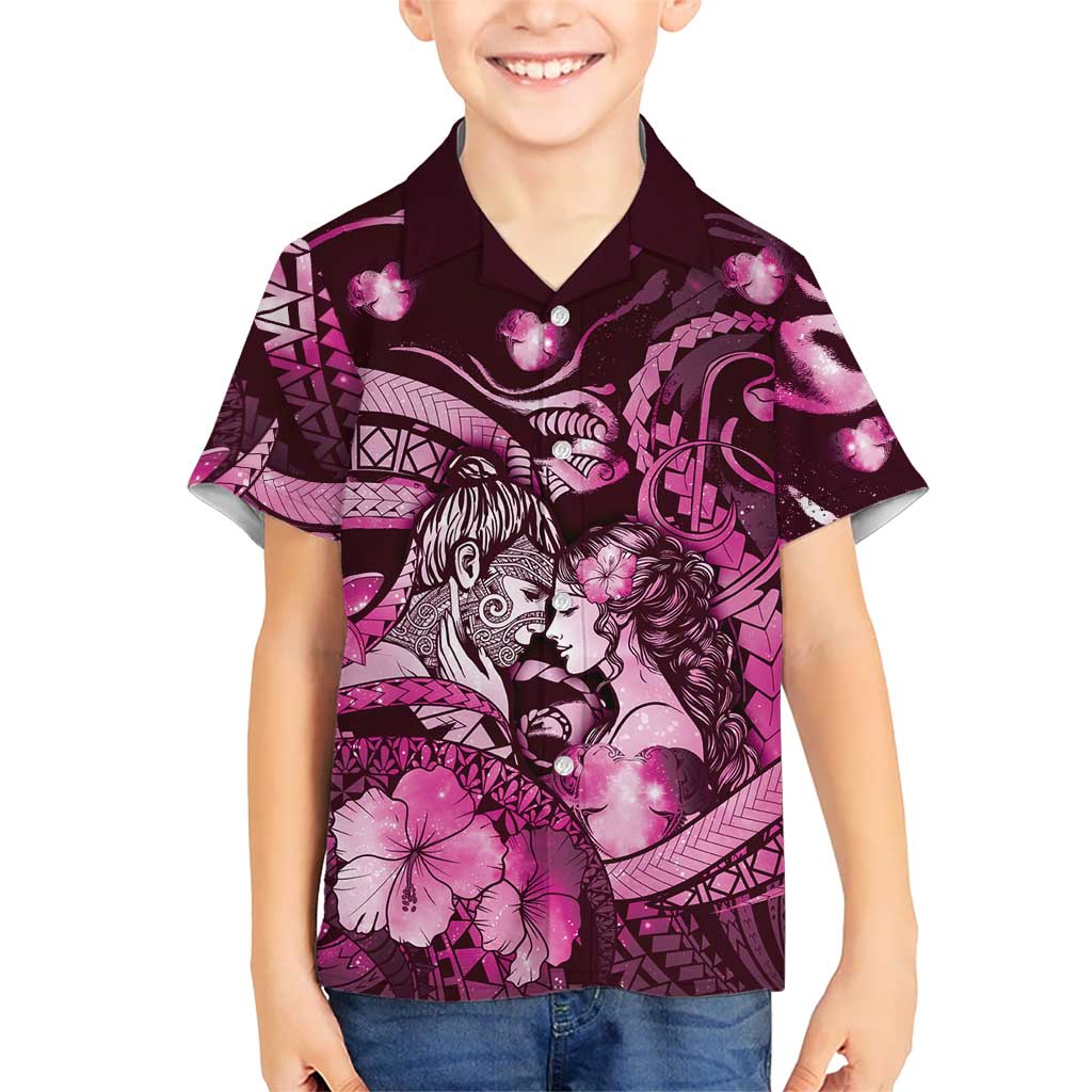 Personalised Maori Romantic Valentine Kid Hawaiian Shirt The Hongi Kiss Pink Galaxy