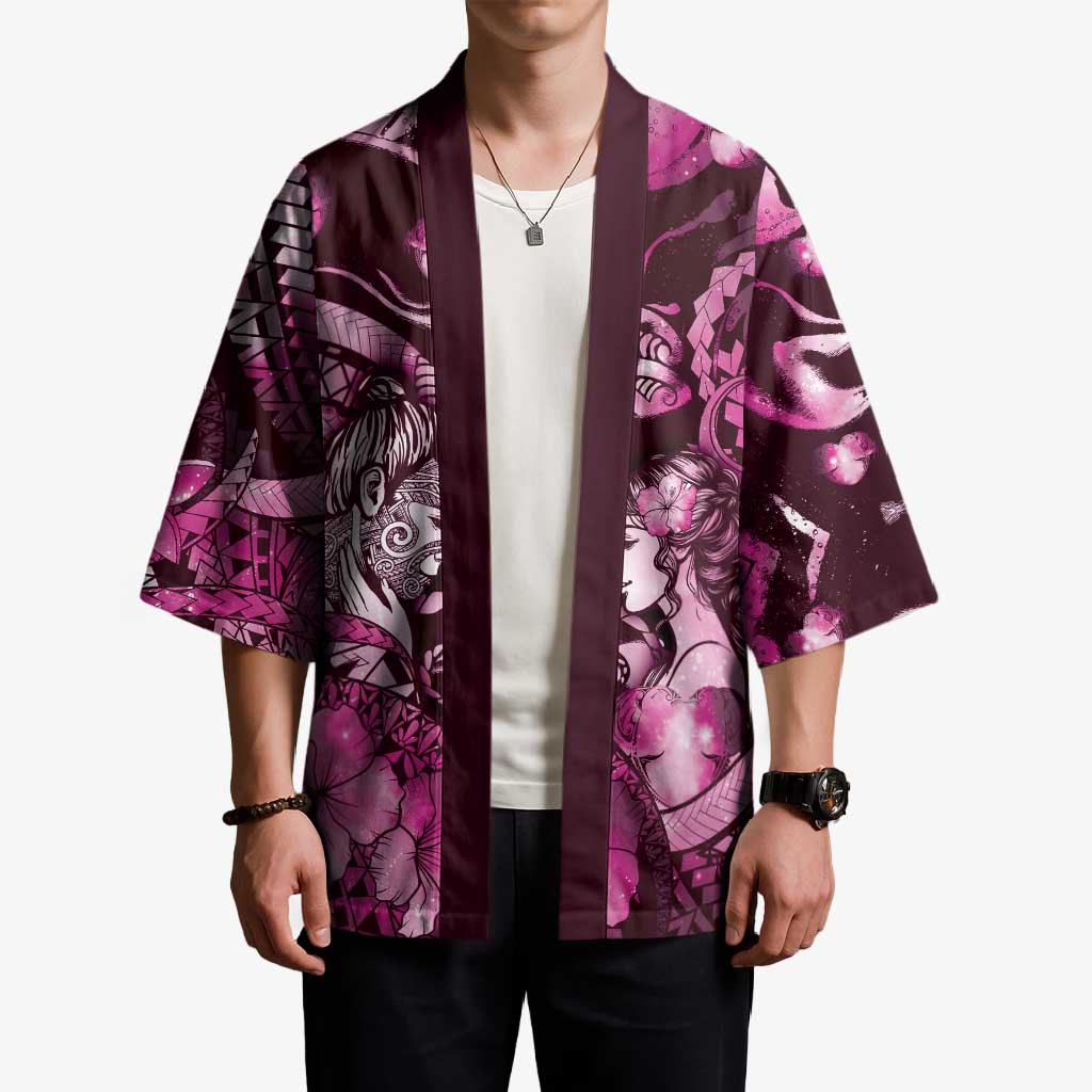Personalised Maori Romantic Valentine Kimono The Hongi Kiss Pink Galaxy