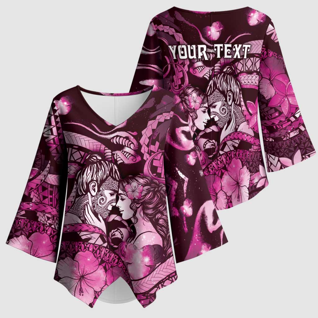 Personalised Maori Romantic Valentine Kimono Sleeve Blouse The Hongi Kiss Pink Galaxy