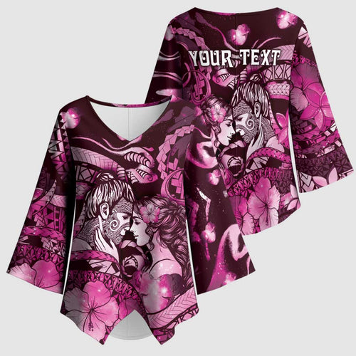 Personalised Maori Romantic Valentine Kimono Sleeve Blouse The Hongi Kiss Pink Galaxy