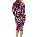 Personalised Maori Romantic Valentine Long Sleeve Bodycon Dress The Hongi Kiss Pink Galaxy