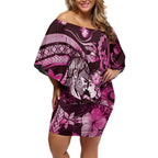 Personalised Maori Romantic Valentine Off Shoulder Short Dress The Hongi Kiss Pink Galaxy