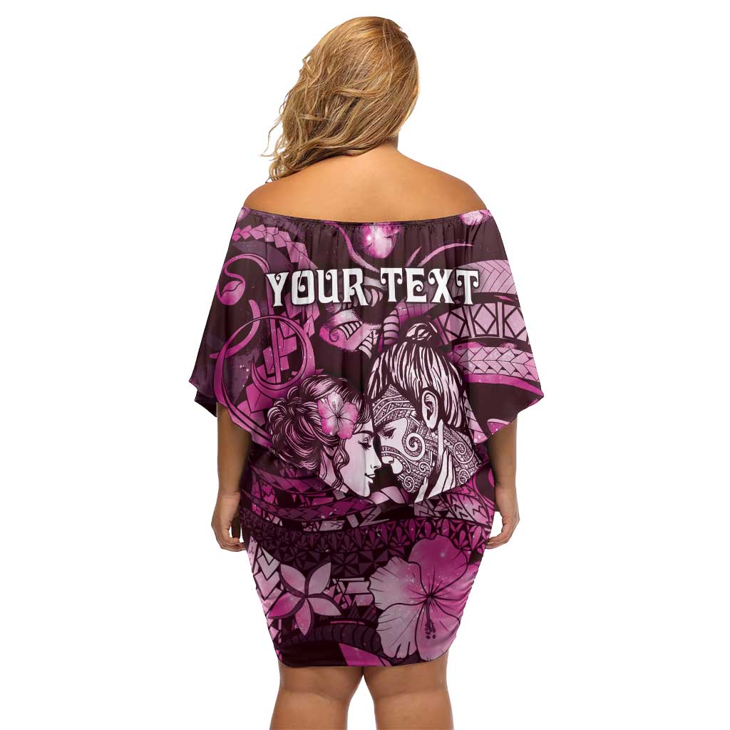 Personalised Maori Romantic Valentine Off Shoulder Short Dress The Hongi Kiss Pink Galaxy