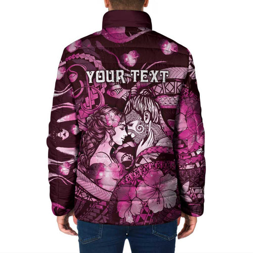 Personalised Maori Romantic Valentine Padded Jacket The Hongi Kiss Pink Galaxy