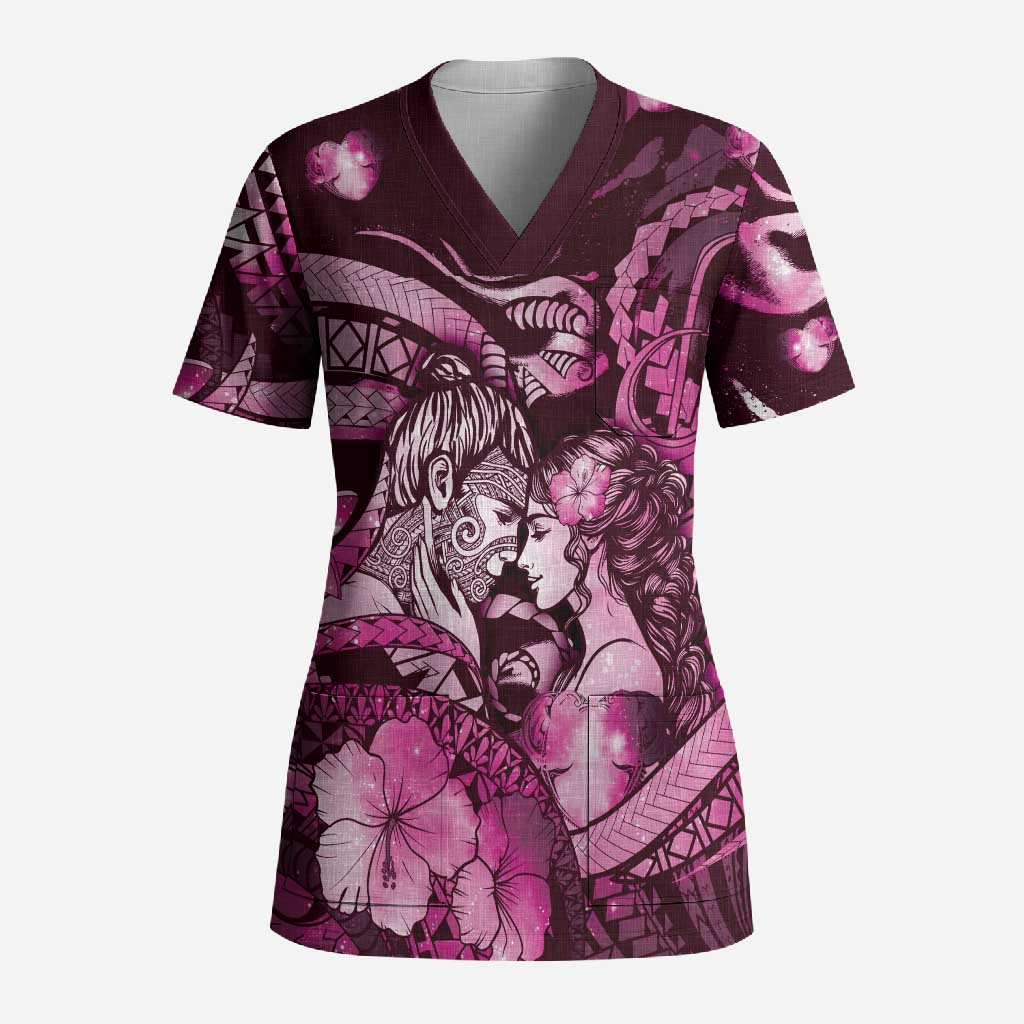 Personalised Maori Romantic Valentine Scrub Top The Hongi Kiss Pink Galaxy
