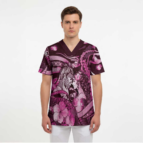 Personalised Maori Romantic Valentine Scrub Top The Hongi Kiss Pink Galaxy