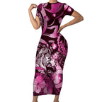 Personalised Maori Romantic Valentine Short Sleeve Bodycon Dress The Hongi Kiss Pink Galaxy