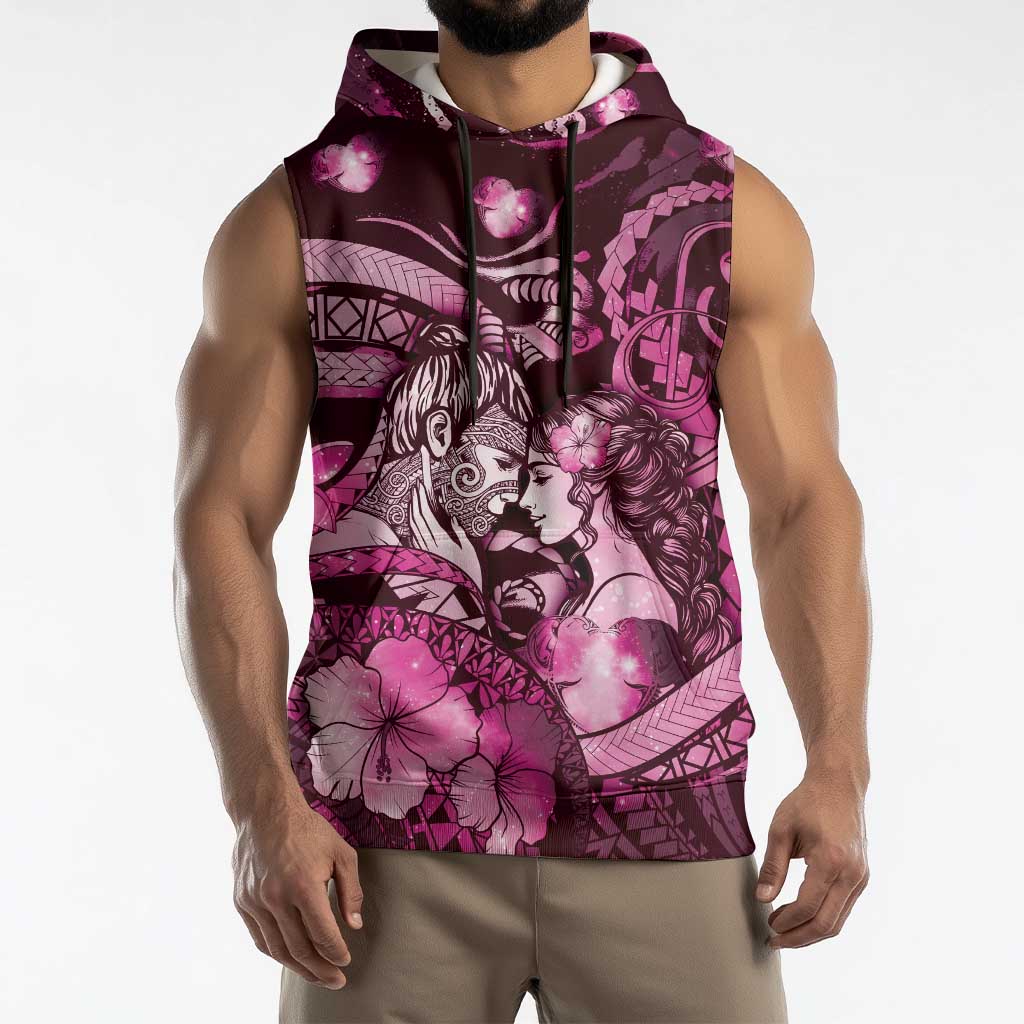 Personalised Maori Romantic Valentine Sleeveless Hoodie The Hongi Kiss Pink Galaxy