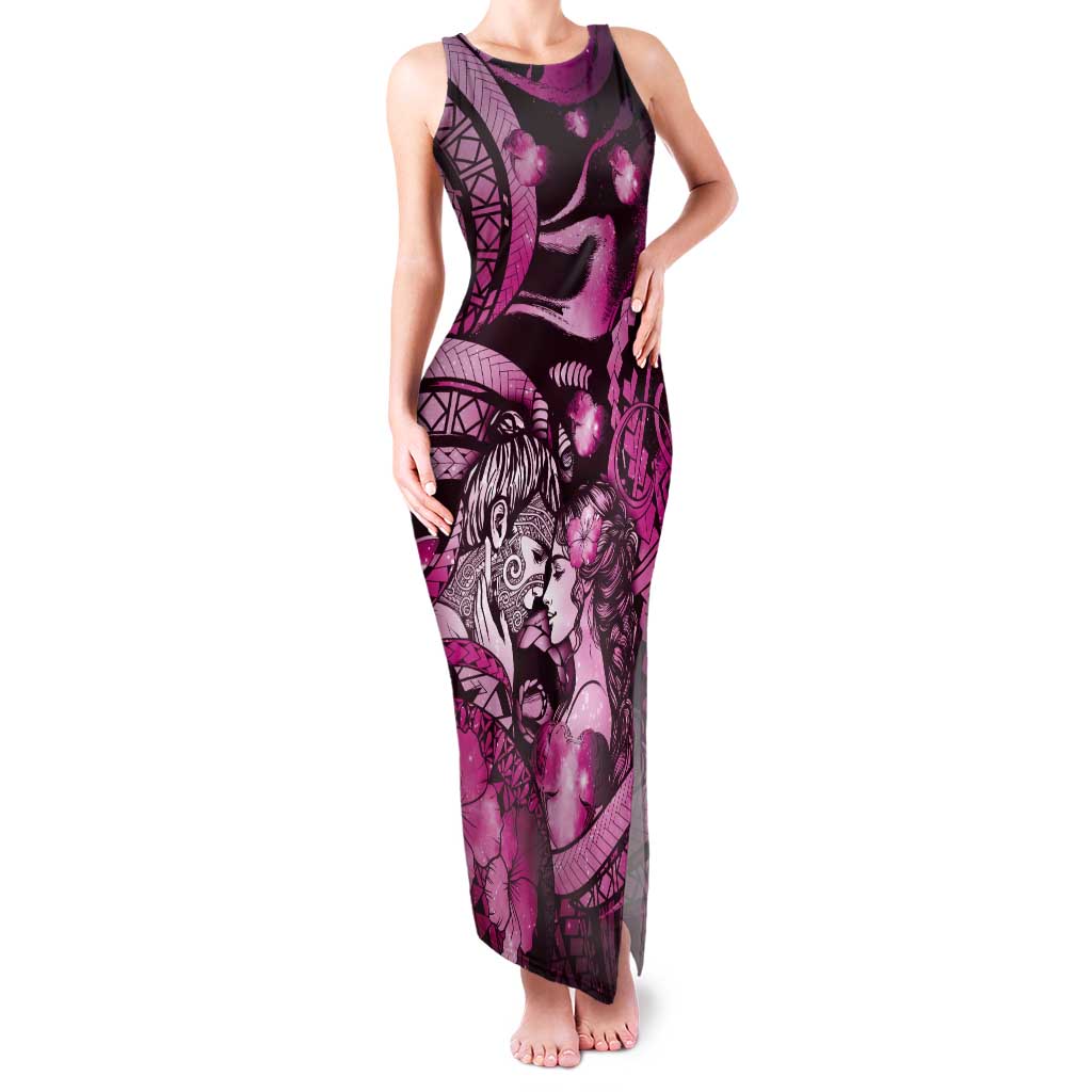 Personalised Maori Romantic Valentine Tank Maxi Dress The Hongi Kiss Pink Galaxy